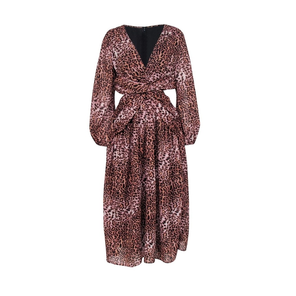 Ranna Gill Anthropologie Leopard Printed Dress Midi Cut-Out Long Sleeve 2X